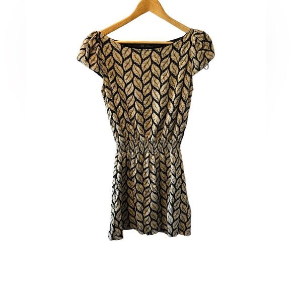 Black & Tan Textured Leaf Print Cap Sleeve Elastic Waist Mini Dress S - Picture 1 of 10